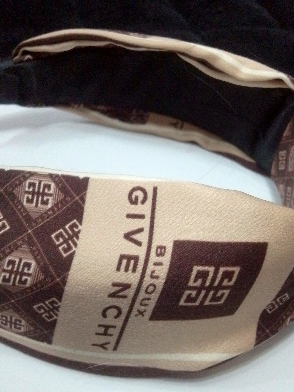 Givenchy Brown and Cream Silk Headband with Signature Logo